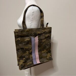 Stella & Dot Canvas Camo Tote Bag Pink Polka Dot Lining Missing Crossbody Strap